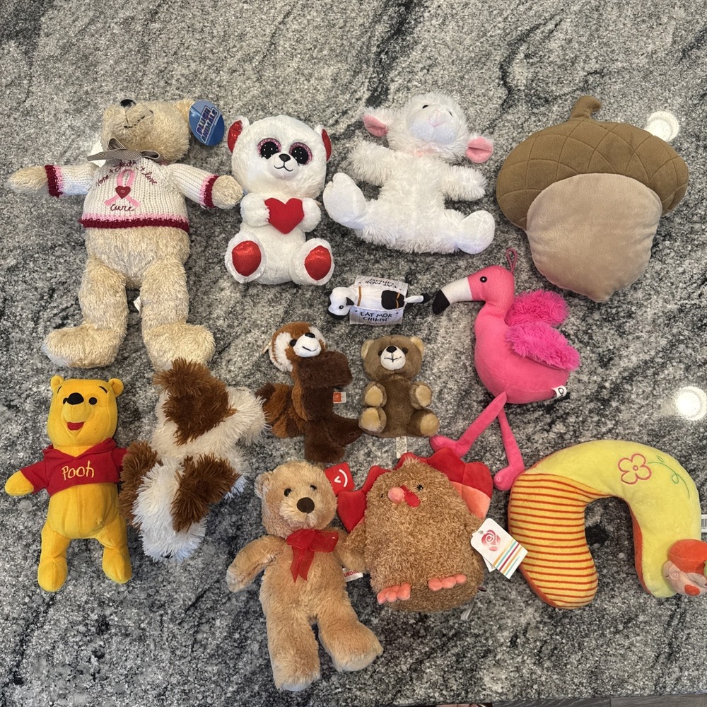 Lot of 13 Plush Stuffed Animals – Many NEW With Tags – Mixed Brands & Characters